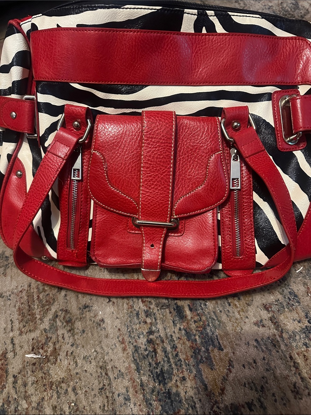 Red Zebra-Print Leather Satchel Bag - Unbranded